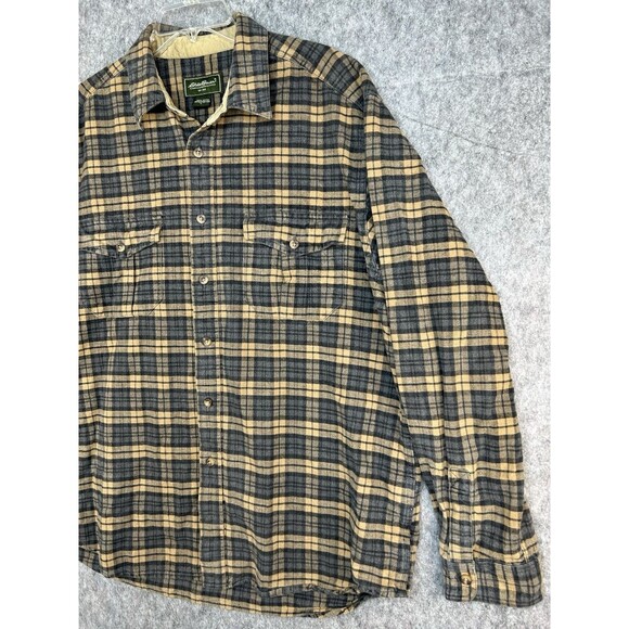 Eddie Bauer Chamois Flannel Shirt Plaid Men’s Size L Heavy Cotton Tan Gray Gorp - Picture 2 of 8